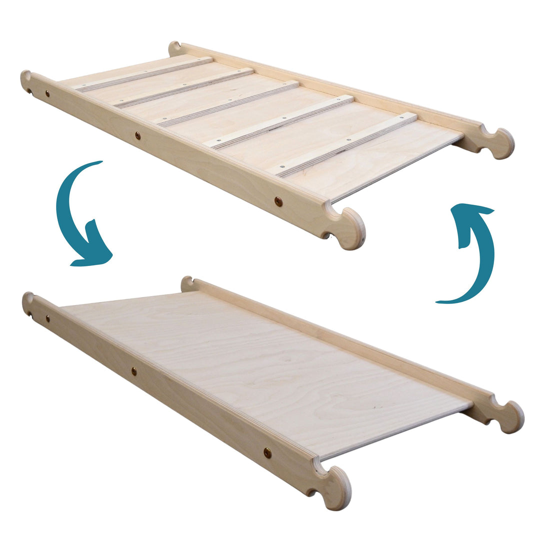 A wooden chicken ladder slide with a sliding board, shown from different angles with a reverse side view on the right. It is constructed from birch plywood.
