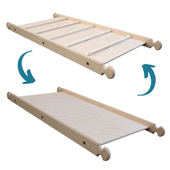 A wooden chicken ladder slide with a sliding board, shown from different angles with a reverse side view on the right. It is constructed from birch plywood.