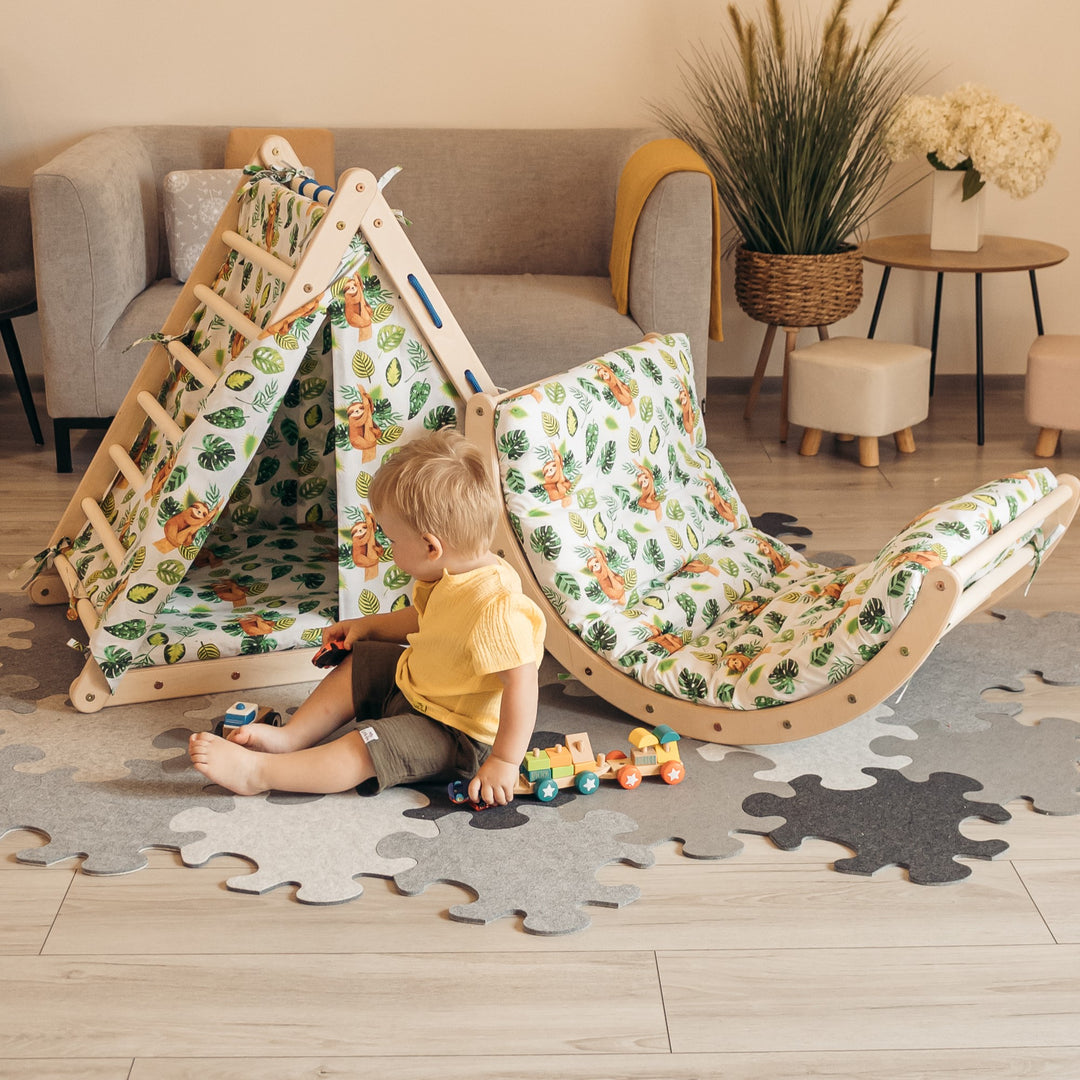 Set of children climbing toy ,climbing triangle, m-arch , chicken ladder slide, with fabric accessories like, tent and mattresses. 