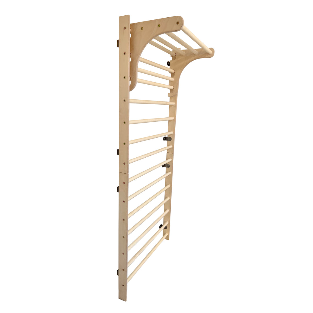 A wooden climbing wall with a pull-up part and angle fasteners, designed for babies, toddlers, and kids.