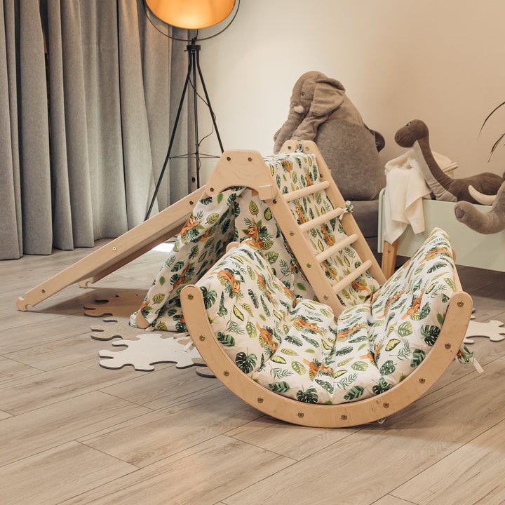 Children's play set featuring a foldable triangle with a sliding board, mattresses and  a tent, decorated with a sloth pattern.