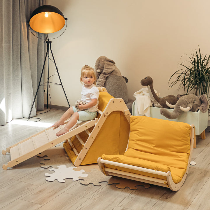 Climbing toy set with full accessories like mattresses and tent.