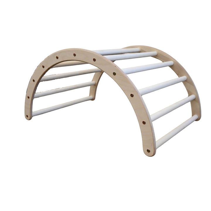 A wooden climbing arch with white aspen wood rungs, designed for babies, toddlers, and kids.